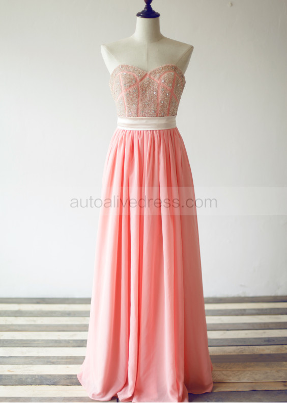 Long Coral Beaded Chiffon Ivory Satin Sash Prom Dress